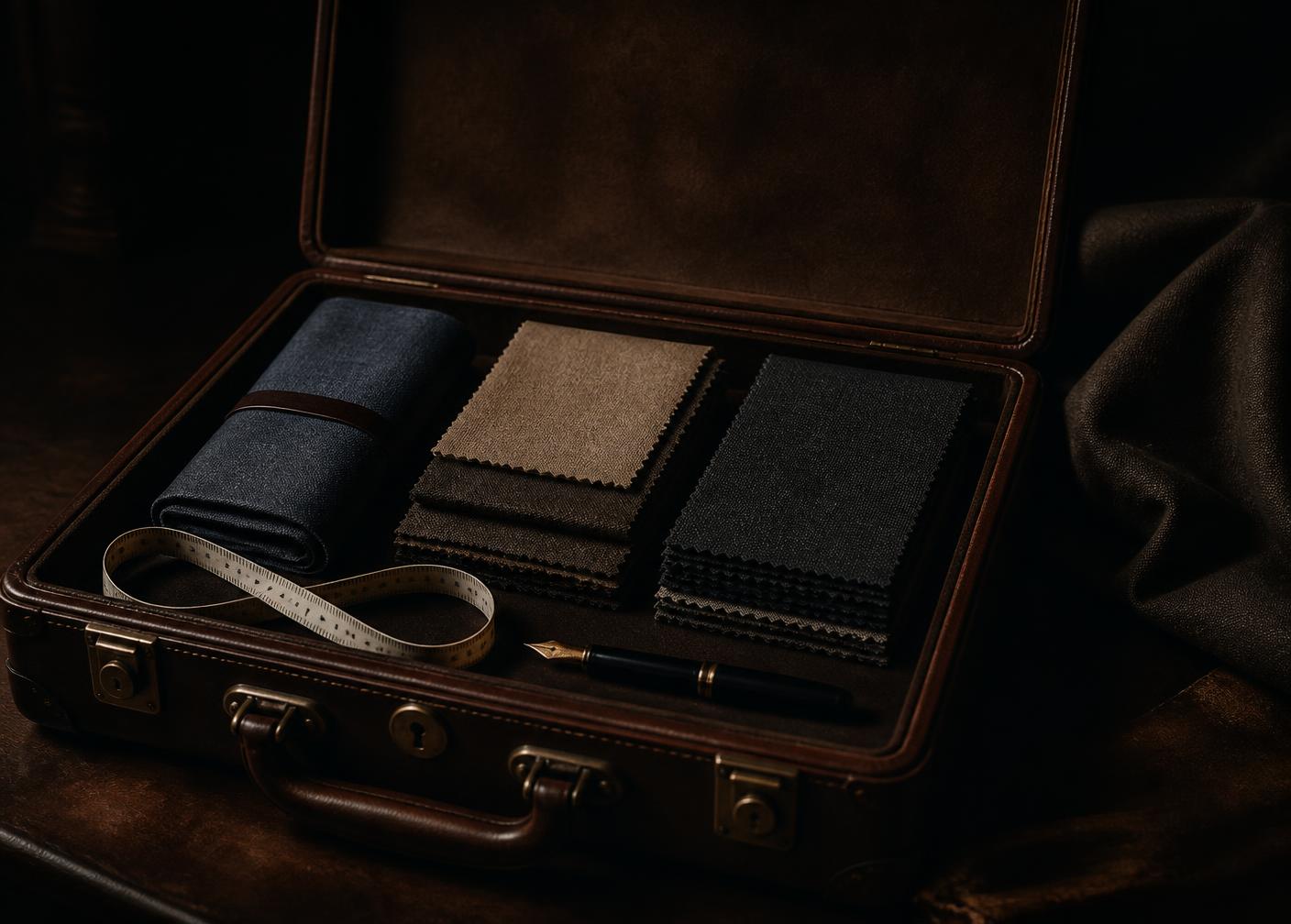 A tailor's travel case holding folded cloth swatches and a measuring tape