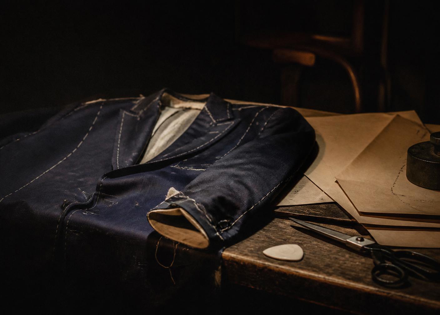 A half-finished jacket, shears and paper patterns on the cutting table
